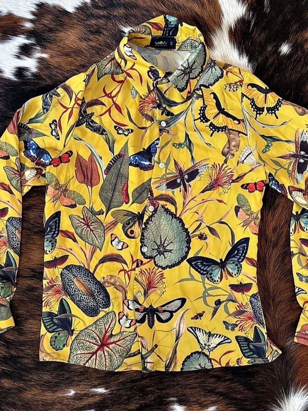 Muzaluci Silk Blouse - Yellow Butterfly Floral Button-Down Yellow & Multicolor